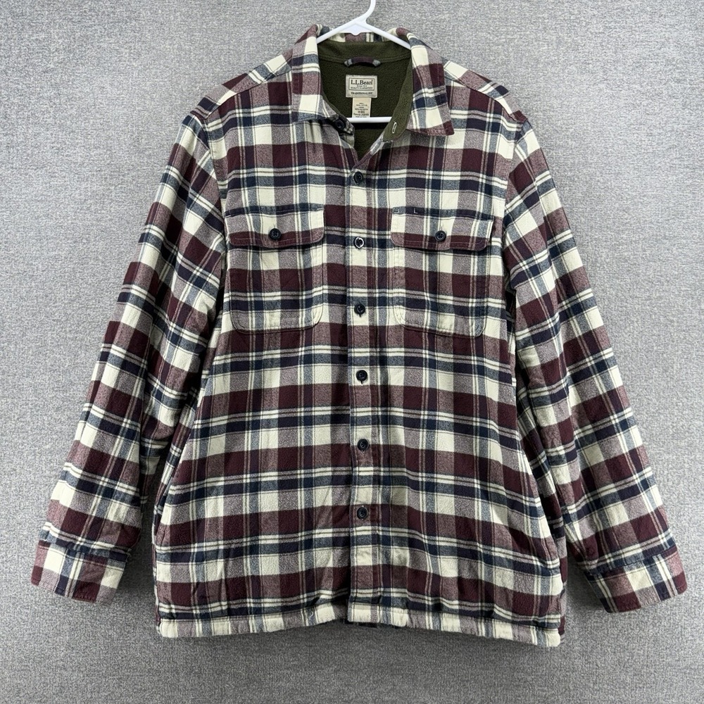 LL Bean Fleece Flannel Shacket Men Size Medium Reg Green Plaid Burgundy Winter - Picture 1 of 7